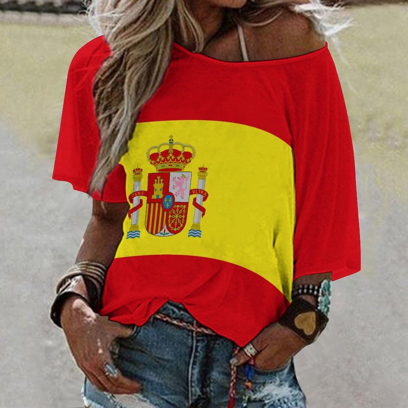Spain Flag Women’s Loose Half-Sleeve Boat Neck T-Shirt