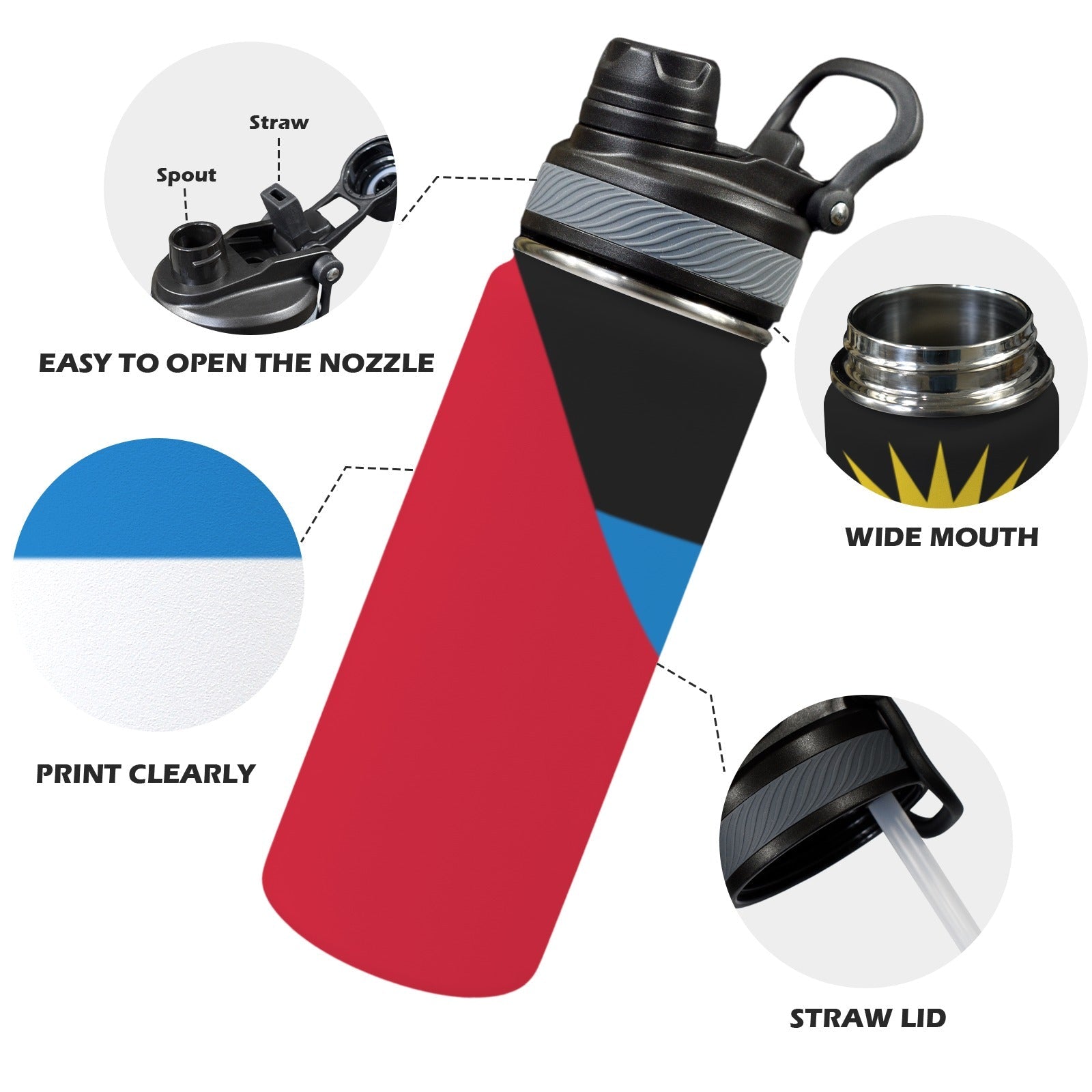Antigua & Barbuda Flag Insulated Water Bottle with Dual-Use Lid (18oz) - Conscious Apparel Store