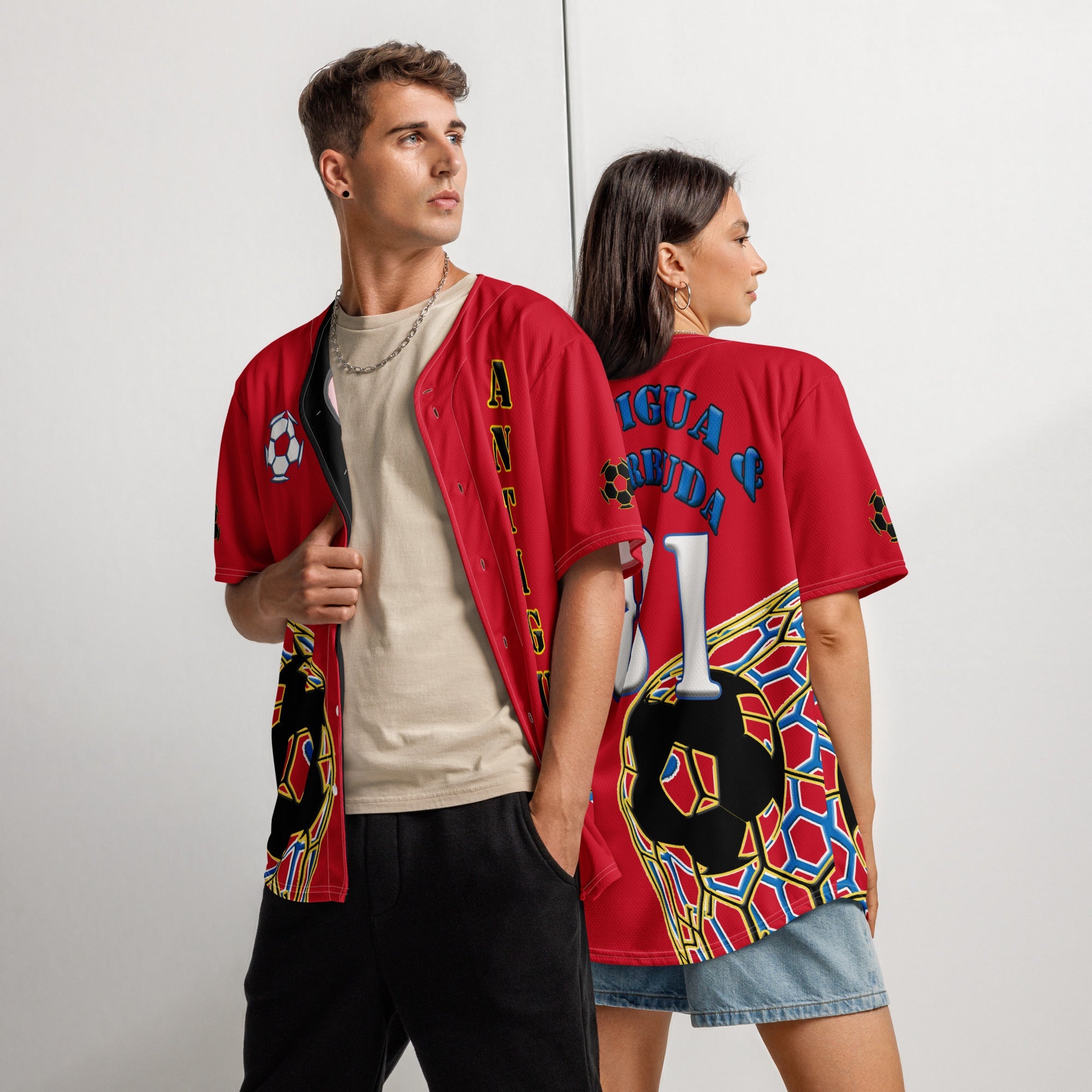 Antigua & Barbuda Football Themed Button-Down Sport Jersey - Conscious Apparel Store