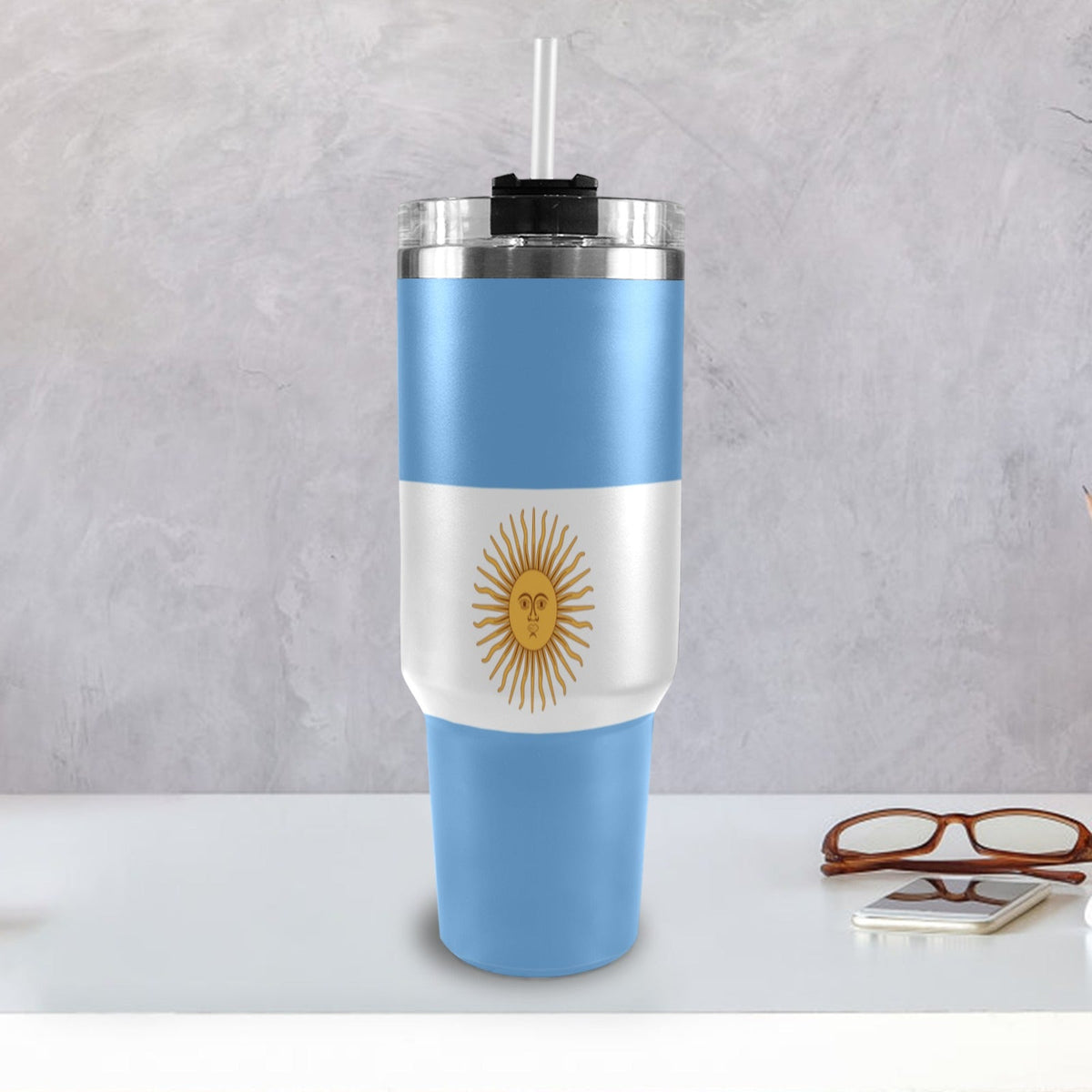Argentina Flag 40oz Tumbler with Black Handle - Conscious Apparel Store