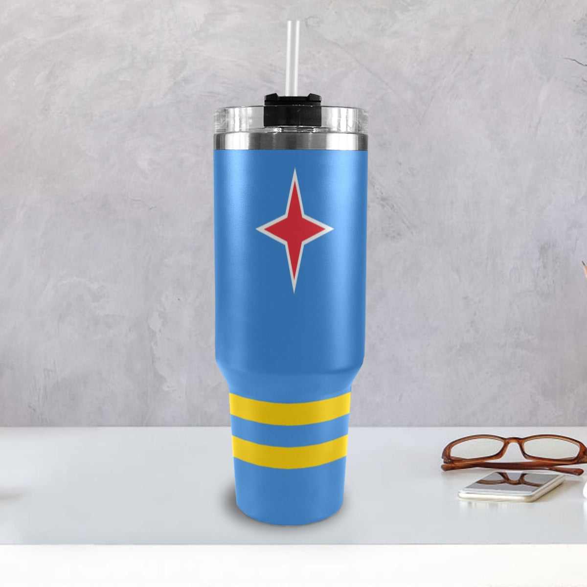 Aruba Flag 40oz Tumbler with Black Handle - Conscious Apparel Store