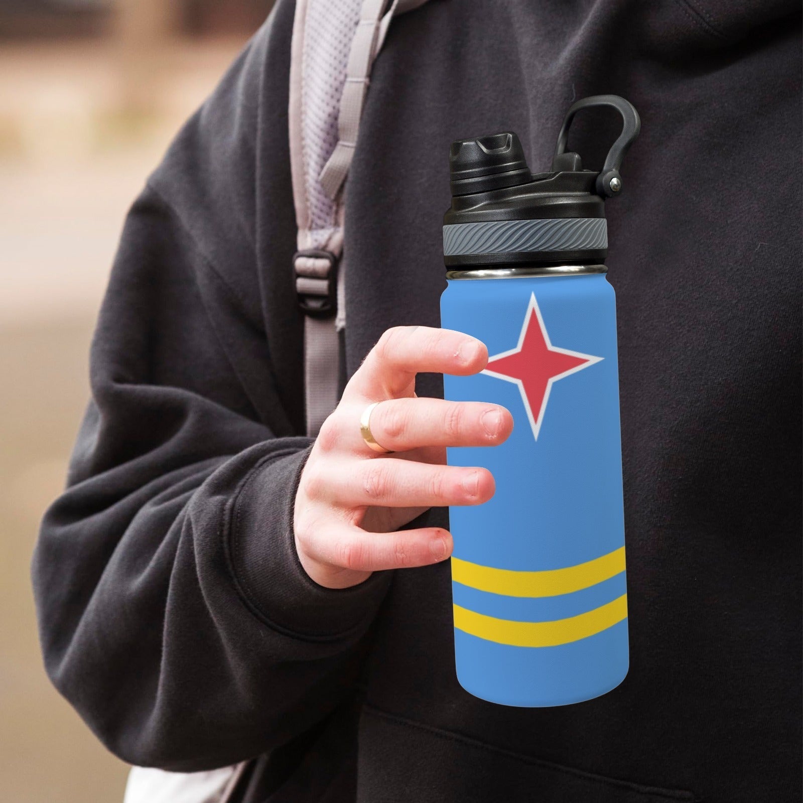Aruba Flag Insulated Water Bottle with Dual-Use Lid (18oz) - Conscious Apparel Store