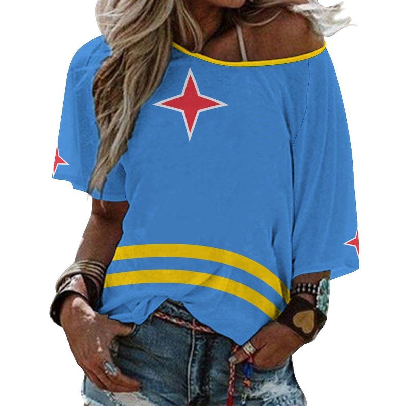 Aruba Flag Women’s Loose Half-Sleeve Boat Neck T-Shirt - Conscious Apparel Store