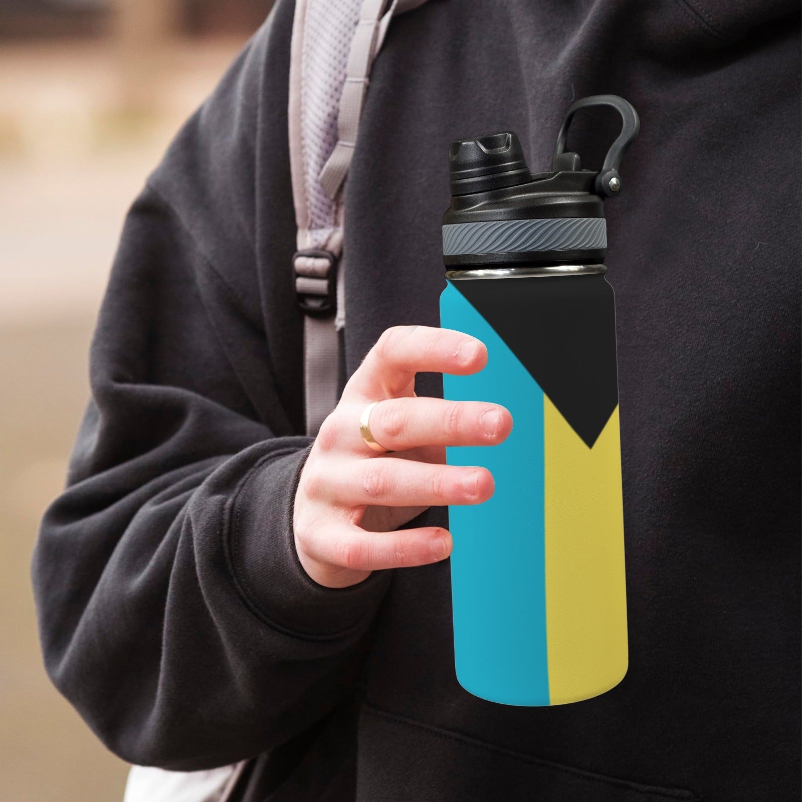 Bahamas Flag Insulated Water Bottle with Dual-Use Lid (18oz) - Conscious Apparel Store