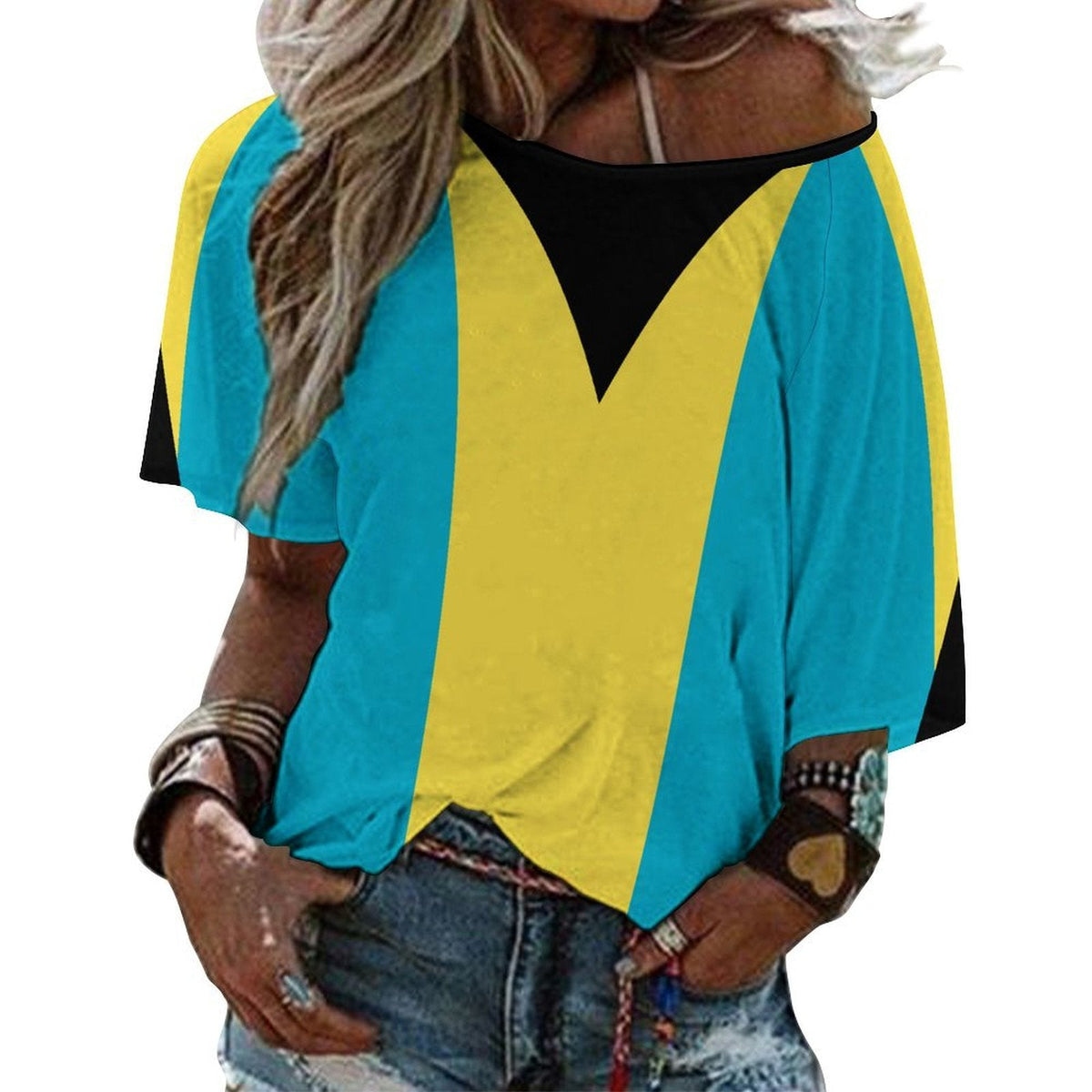 Bahamas Flag Women’s Loose Half-Sleeve Boat Neck T-Shirt - Conscious Apparel Store