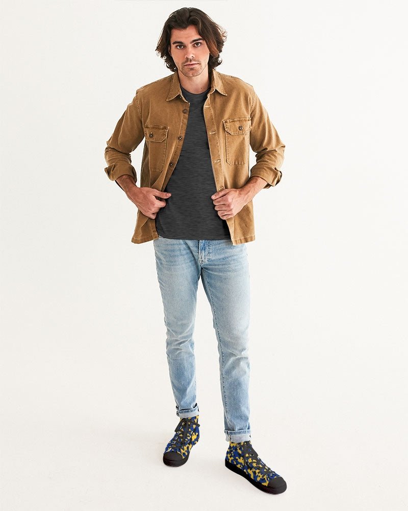 Barbados Flag Camo Men's Hightop Canvas Shoe - Black - Conscious Apparel Store