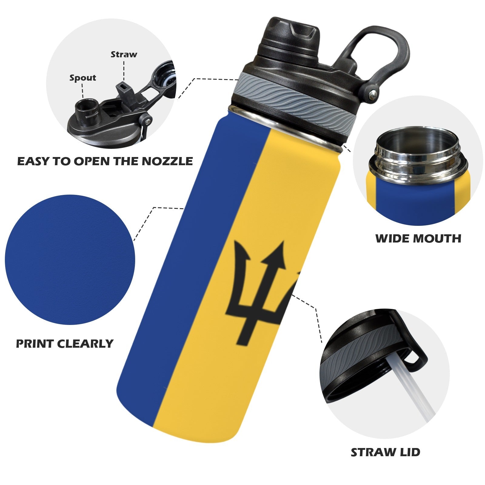 Barbados Flag Insulated Water Bottle with Dual-Use Lid (18oz) - Conscious Apparel Store