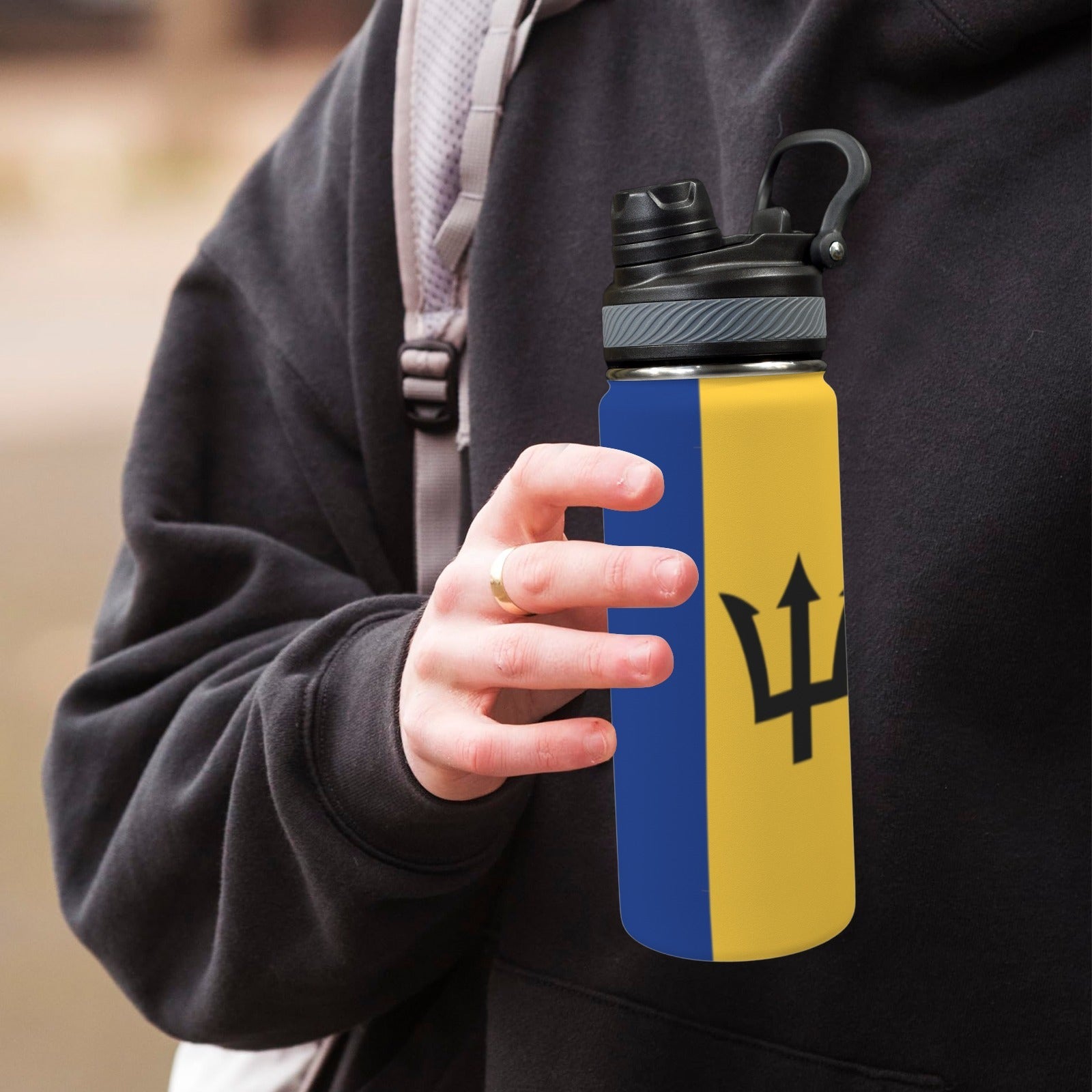 Barbados Flag Insulated Water Bottle with Dual-Use Lid (18oz) - Conscious Apparel Store