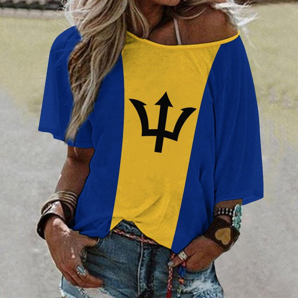 Barbados Flag Women’s Loose Half-Sleeve Boat Neck T-Shirt - Conscious Apparel Store