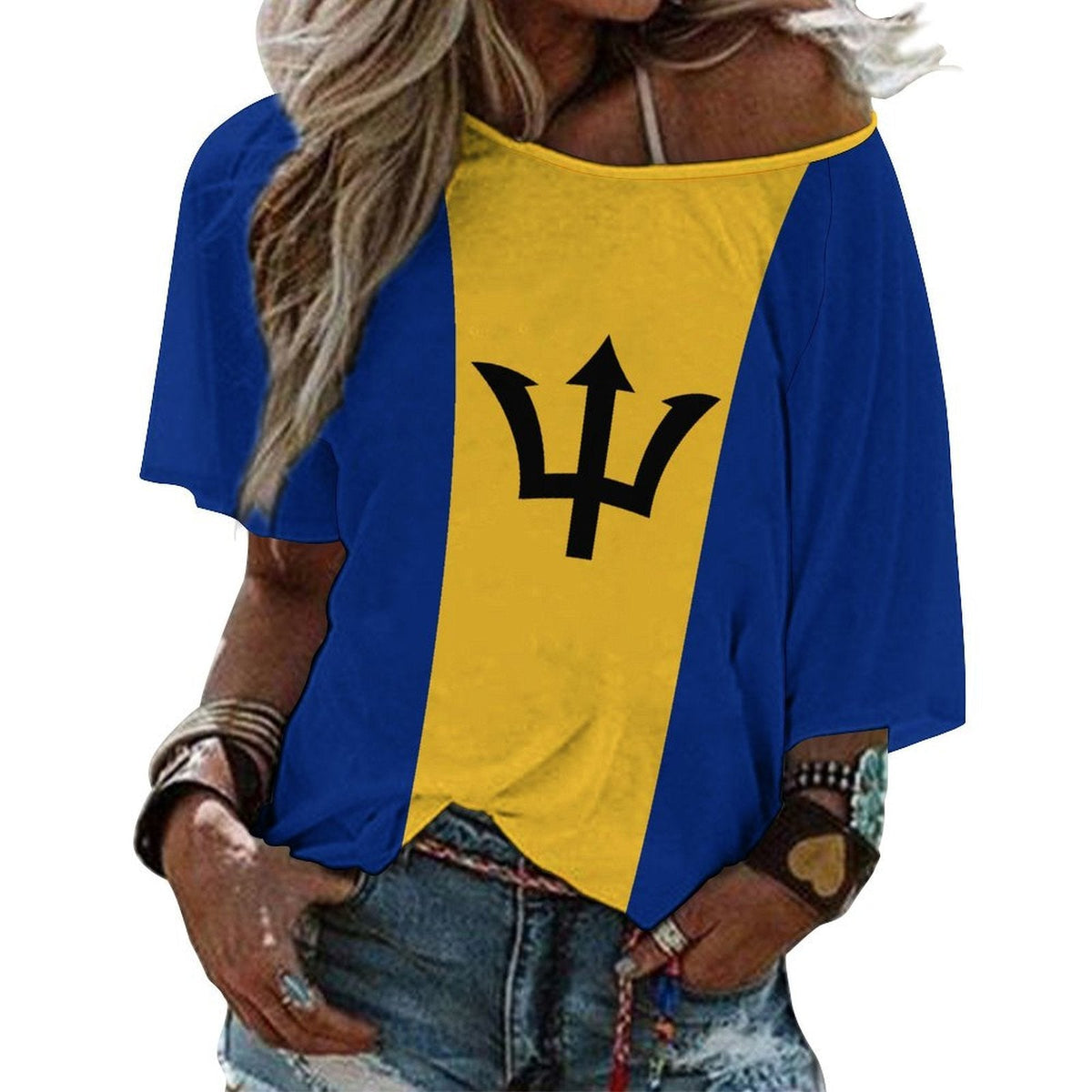 Barbados Flag Women’s Loose Half-Sleeve Boat Neck T-Shirt - Conscious Apparel Store