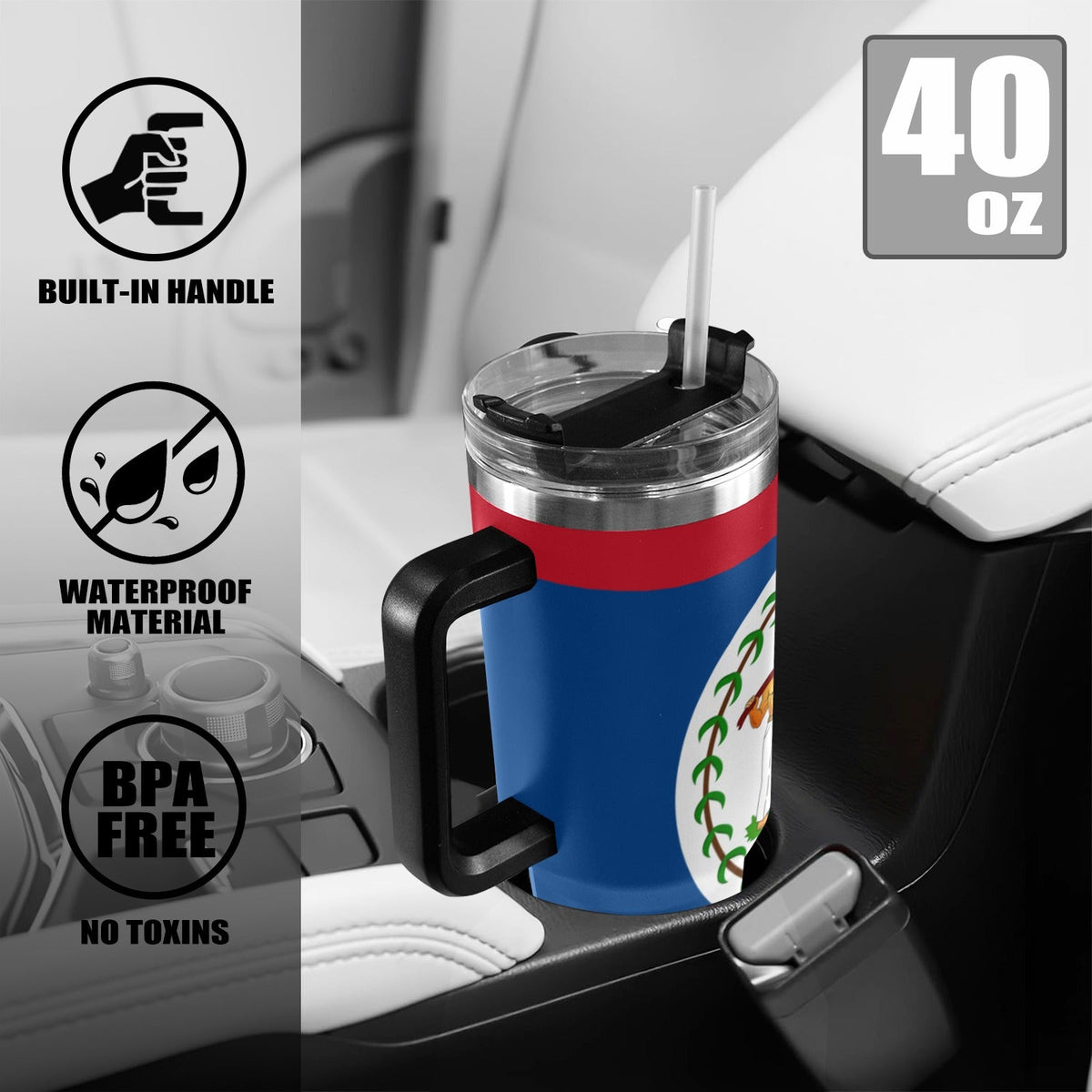 Belize Flag 40oz Tumbler with Black Handle - Conscious Apparel Store
