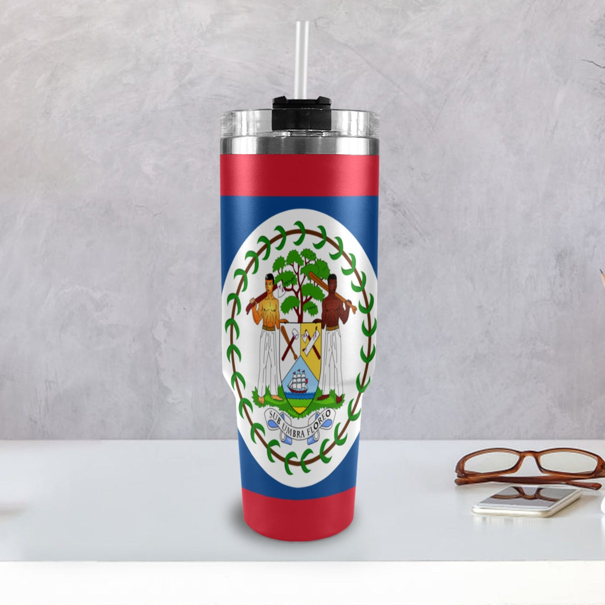 Belize Flag 40oz Tumbler with Black Handle - Conscious Apparel Store