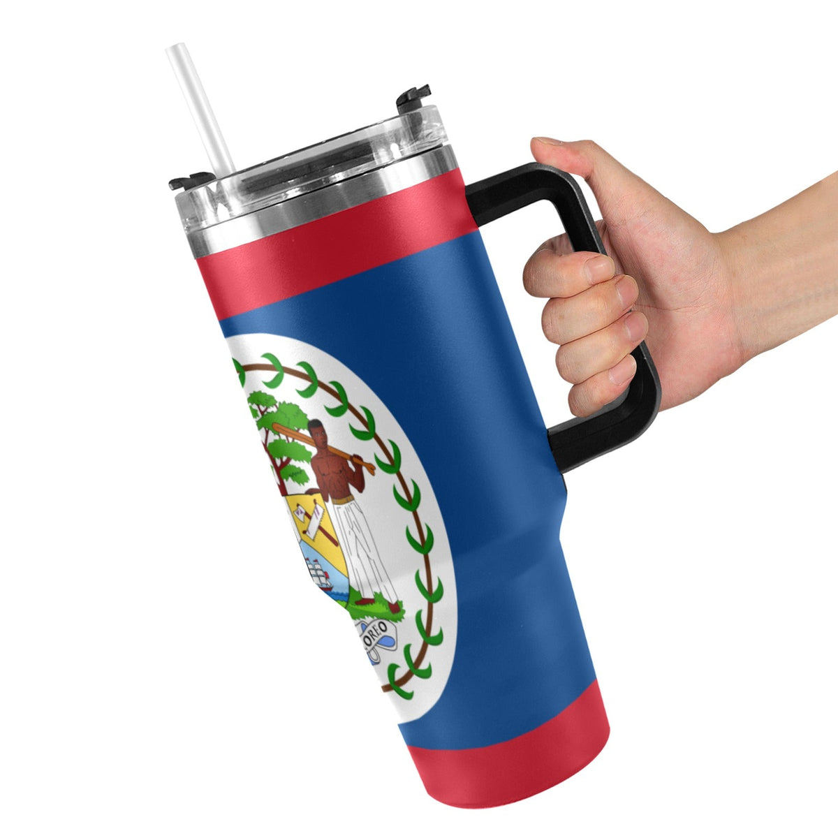 Belize Flag 40oz Tumbler with Black Handle - Conscious Apparel Store
