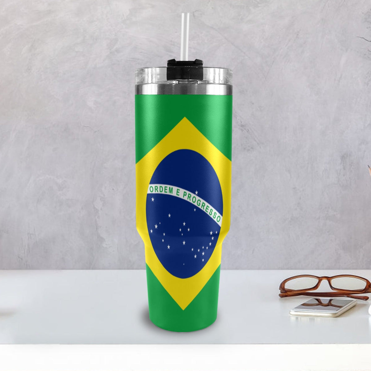 Brazil Flag 40oz Tumbler with Black Handle - Conscious Apparel Store