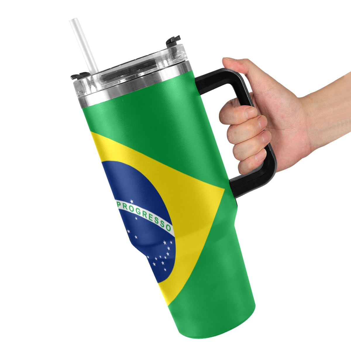Brazil Flag 40oz Tumbler with Black Handle - Conscious Apparel Store