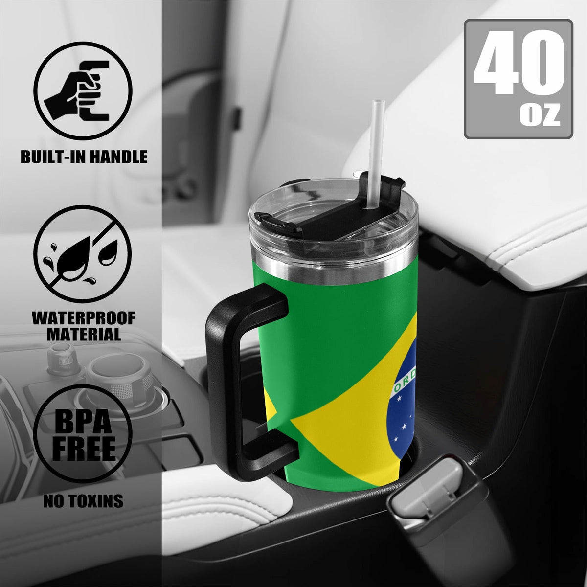Brazil Flag 40oz Tumbler with Black Handle - Conscious Apparel Store
