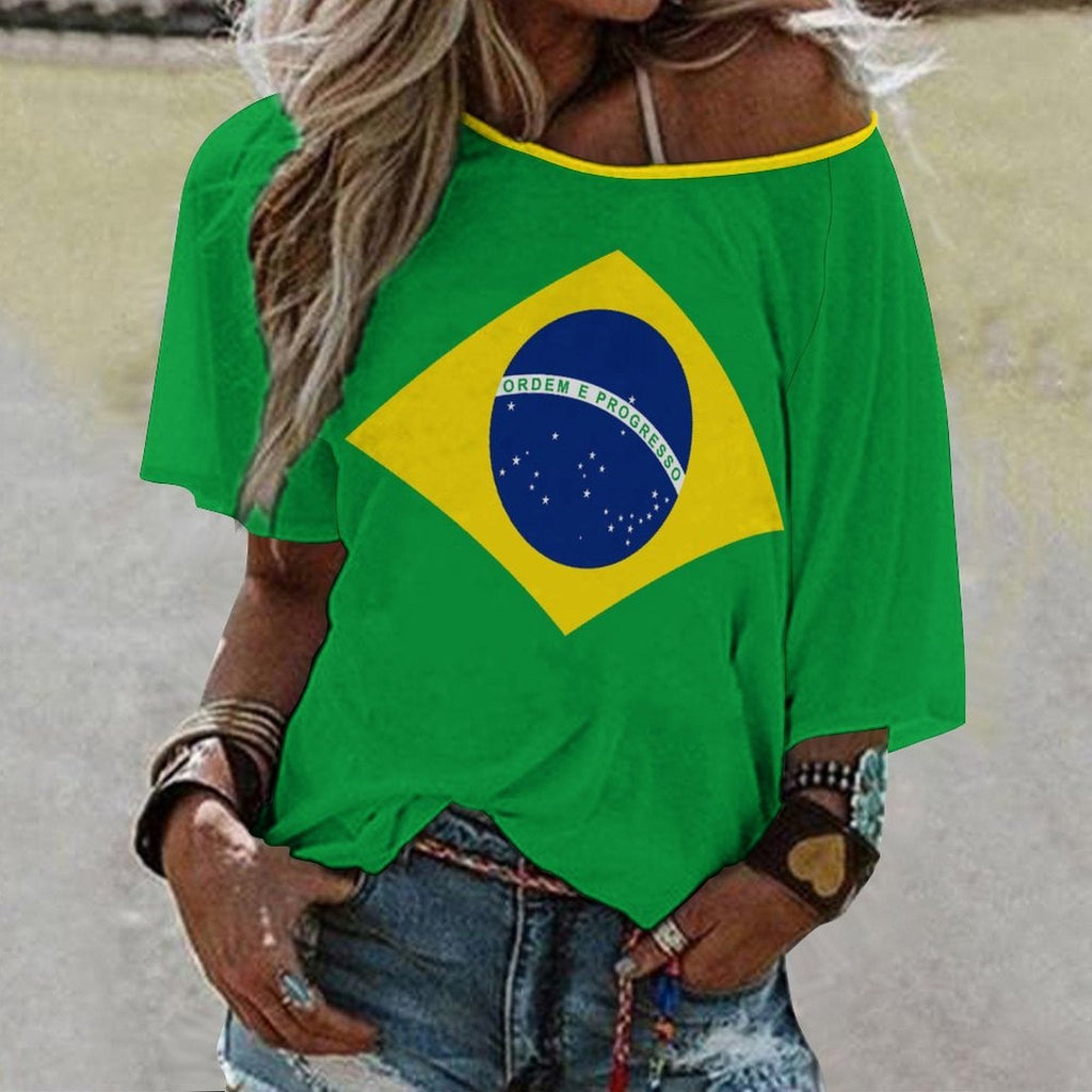 Brazil Flag Women’s Loose Half-Sleeve Boat Neck T-Shirt - Conscious Apparel Store