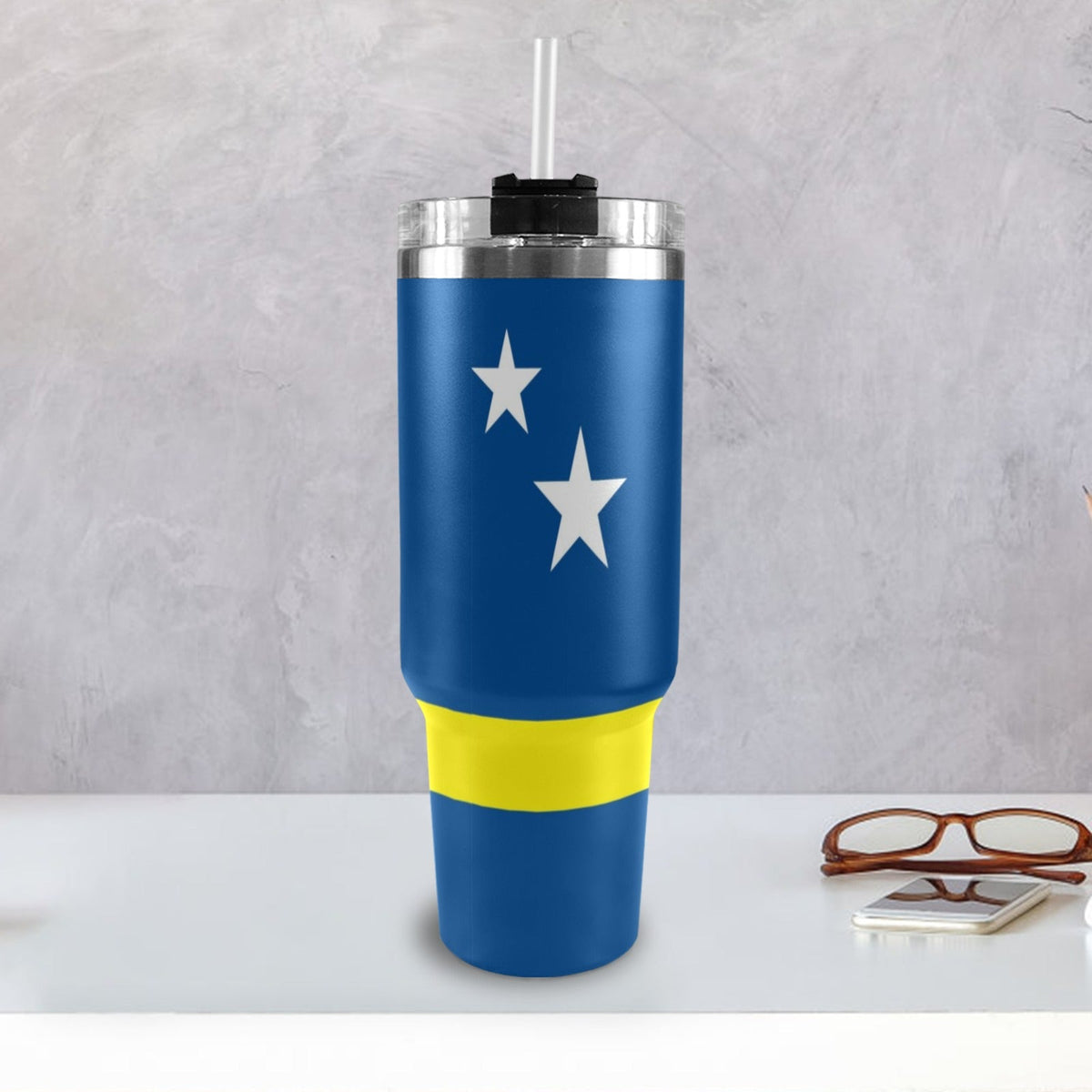 Curacao Flag 40oz Tumbler with Black Handle - Conscious Apparel Store