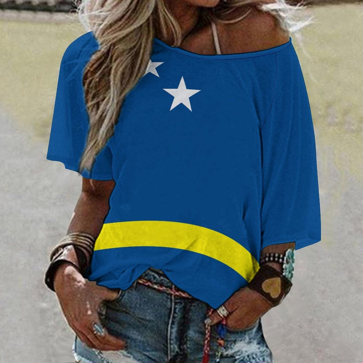 Curacao Flag Women’s Loose Half-Sleeve Boat Neck T-Shirt - Conscious Apparel Store
