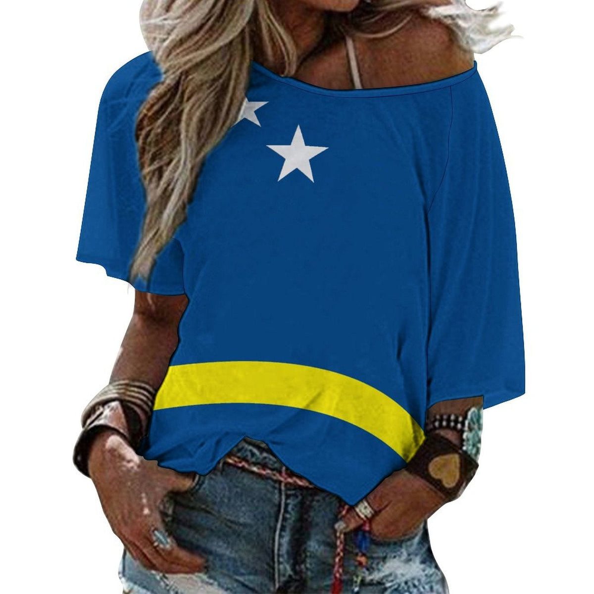 Curacao Flag Women’s Loose Half-Sleeve Boat Neck T-Shirt - Conscious Apparel Store