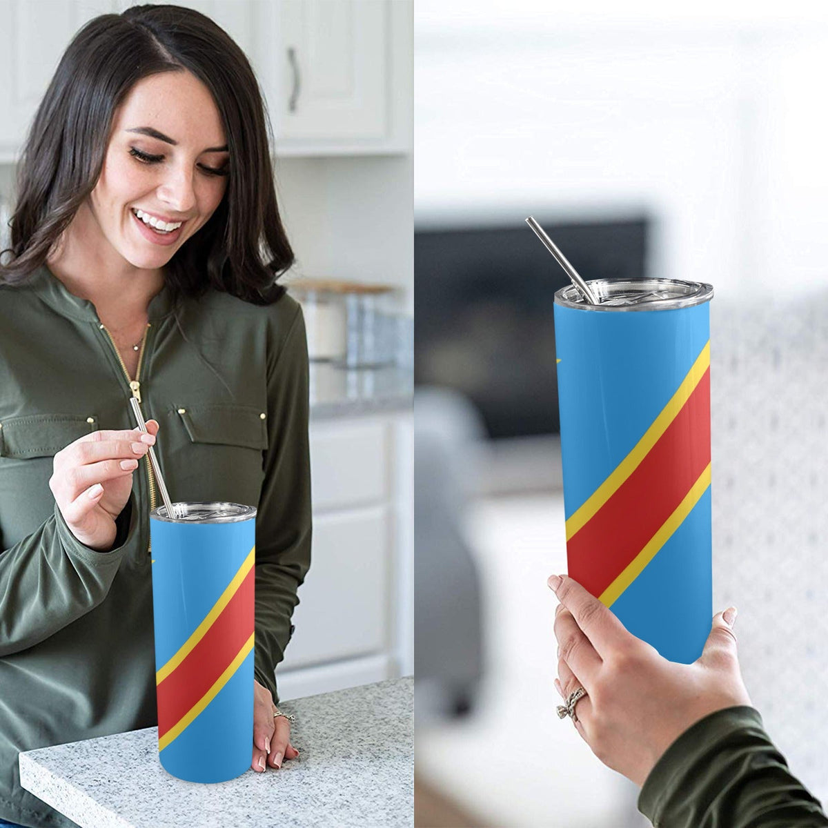D R Congo Flag 20oz Tall Skinny Tumbler with Lid and Straw - Conscious Apparel Store