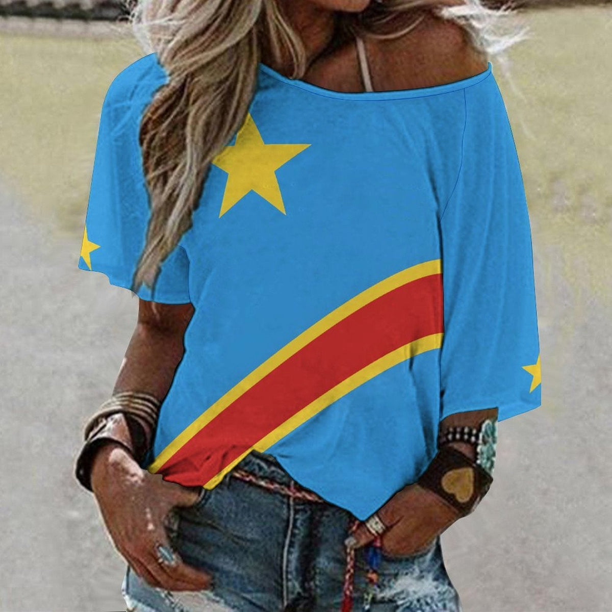 D R Congo Flag Women’s Loose Half-Sleeve Boat Neck T-Shirt - Conscious Apparel Store