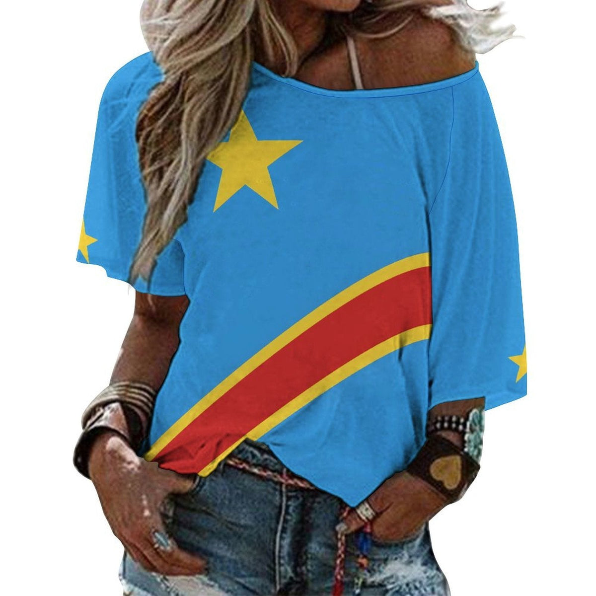 D R Congo Flag Women’s Loose Half-Sleeve Boat Neck T-Shirt - Conscious Apparel Store