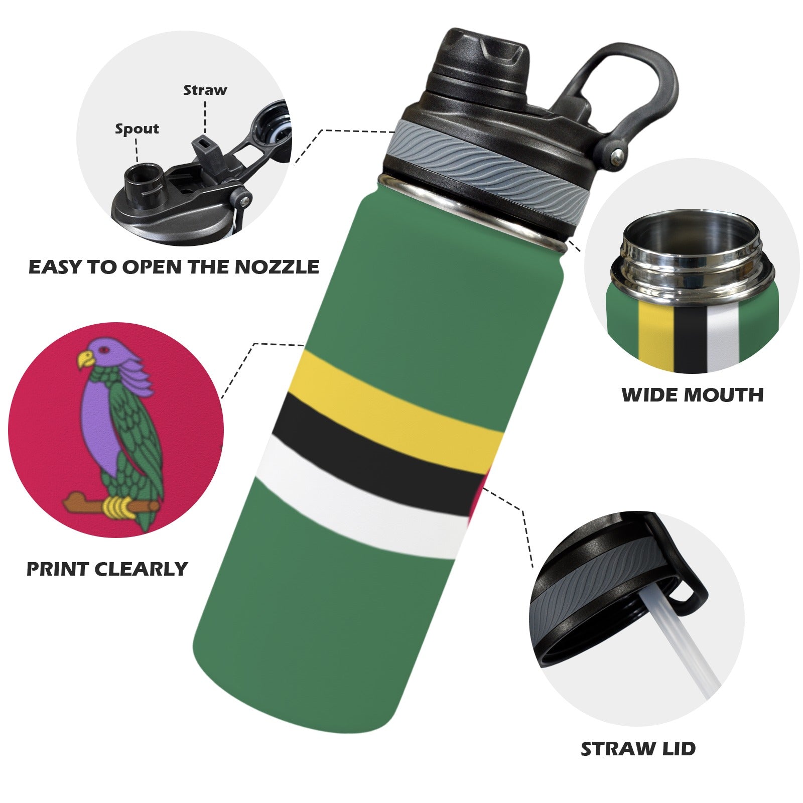 Dominica Flag Insulated Water Bottle with Dual - Use Lid (18oz) - Conscious Apparel Store