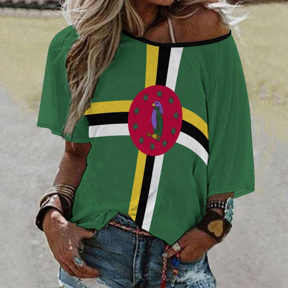 Dominica Flag Women’s Loose Half-Sleeve Boat Neck T-Shirt - Conscious Apparel Store
