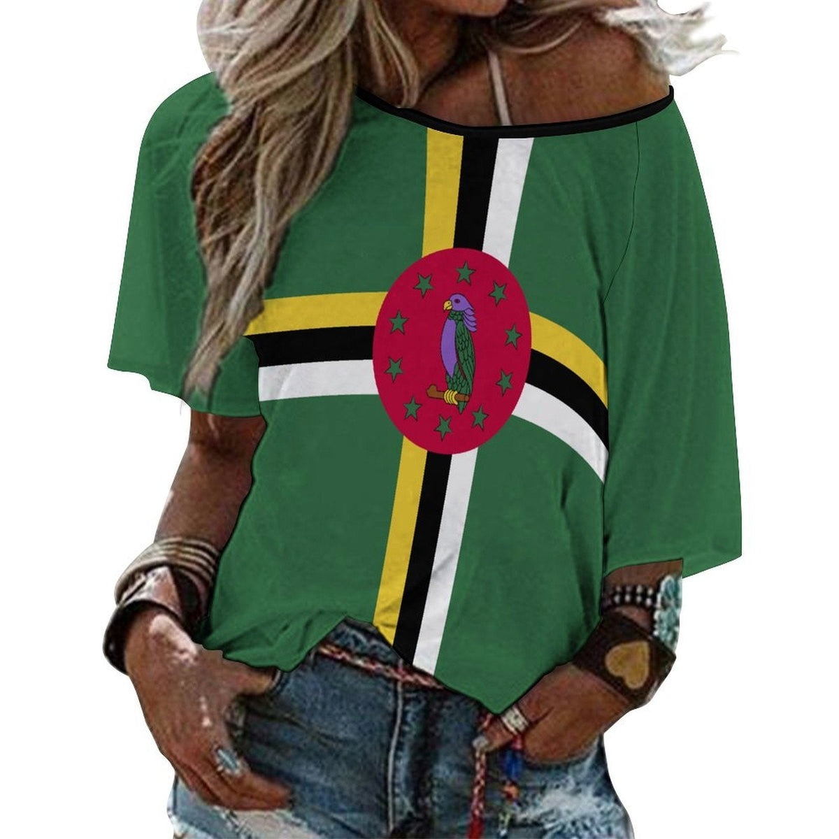 Dominica Flag Women’s Loose Half-Sleeve Boat Neck T-Shirt - Conscious Apparel Store
