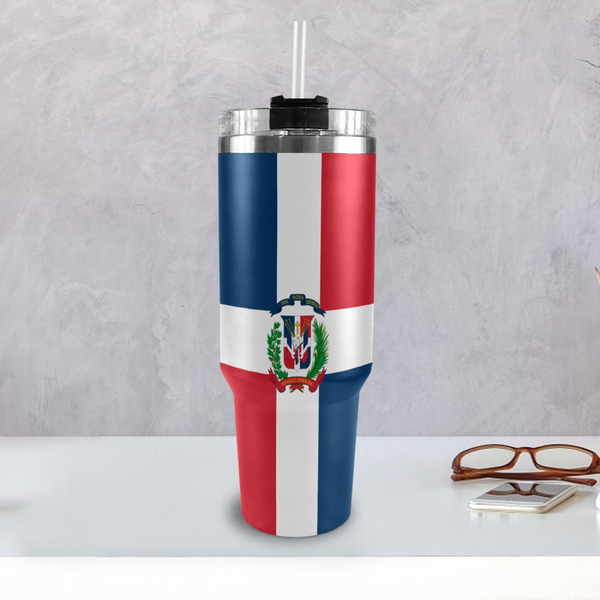 Dominican Republic Flag Camo 40oz Tumbler with Black Handle - Conscious Apparel Store