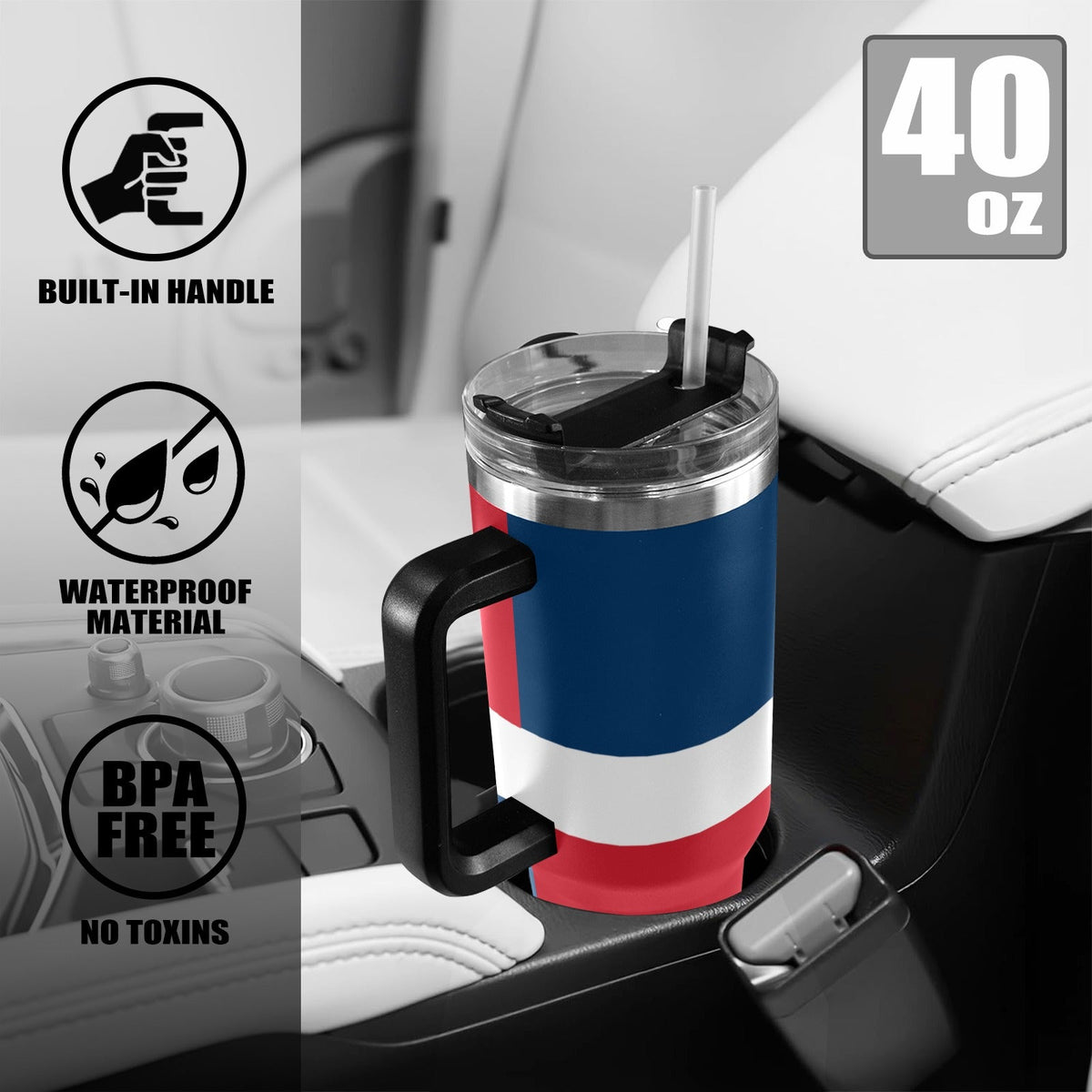 Dominican Republic Flag Camo 40oz Tumbler with Black Handle - Conscious Apparel Store