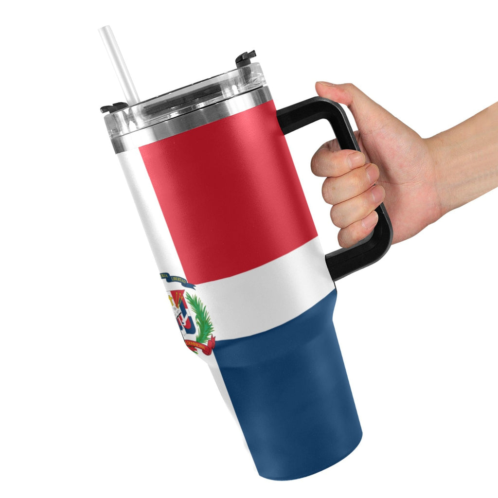 Dominican Republic Flag Camo 40oz Tumbler with Black Handle - Conscious Apparel Store