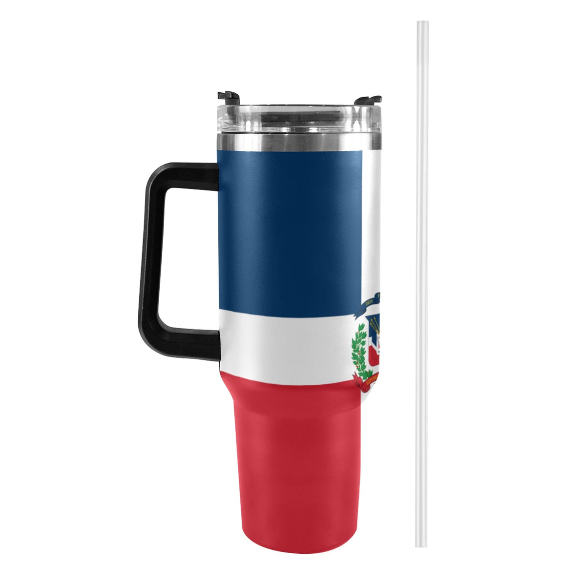 Dominican Republic Flag Camo 40oz Tumbler with Black Handle - Conscious Apparel Store