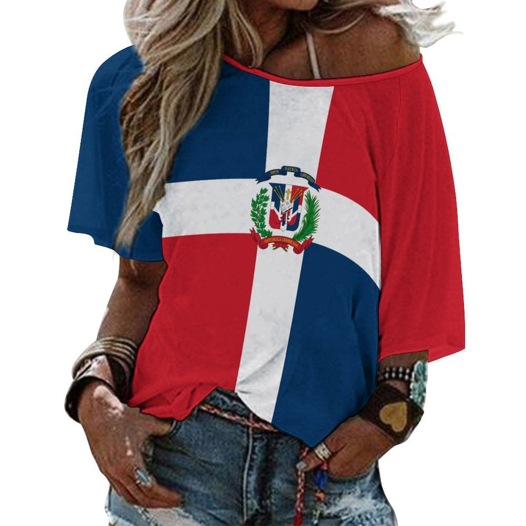 Dominican Republic Flag Women’s Loose Half-Sleeve Boat Neck T-Shirt - Conscious Apparel Store