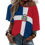 Dominican Republic Flag Women’s Loose Half-Sleeve Boat Neck T-Shirt - Conscious Apparel Store