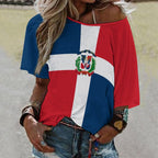 Dominican Republic Flag Women’s Loose Half-Sleeve Boat Neck T-Shirt - Conscious Apparel Store