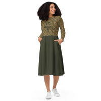 Egyptian Hieroglyphics Ankh Cross long sleeve midi dress (olive) - Conscious Apparel Store