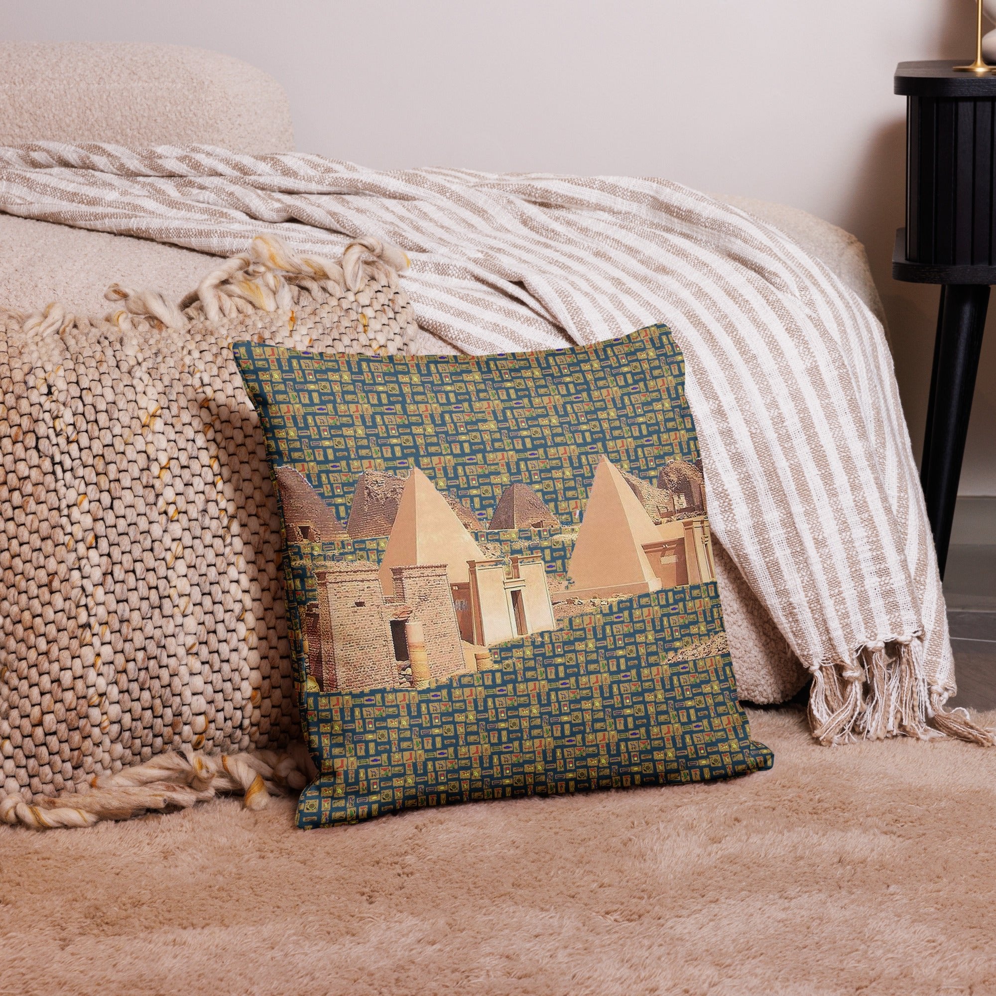 Egyptian Hieroglyphics Nubia Premium Throw Pillow (Blue) - Conscious Apparel Store