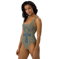 Egyptian Hieroglyphs Ankh Cross (Blue) One - Piece Swimsuit (6 Colors Available) - Conscious Apparel Store