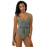 Egyptian Hieroglyphs Ankh Cross (Blue) One - Piece Swimsuit (6 Colors Available) - Conscious Apparel Store