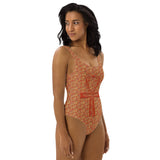 Egyptian Hieroglyphs Ankh Cross (Red - Rust) One - Piece Swimsuit (6 Colors Available) - Conscious Apparel Store