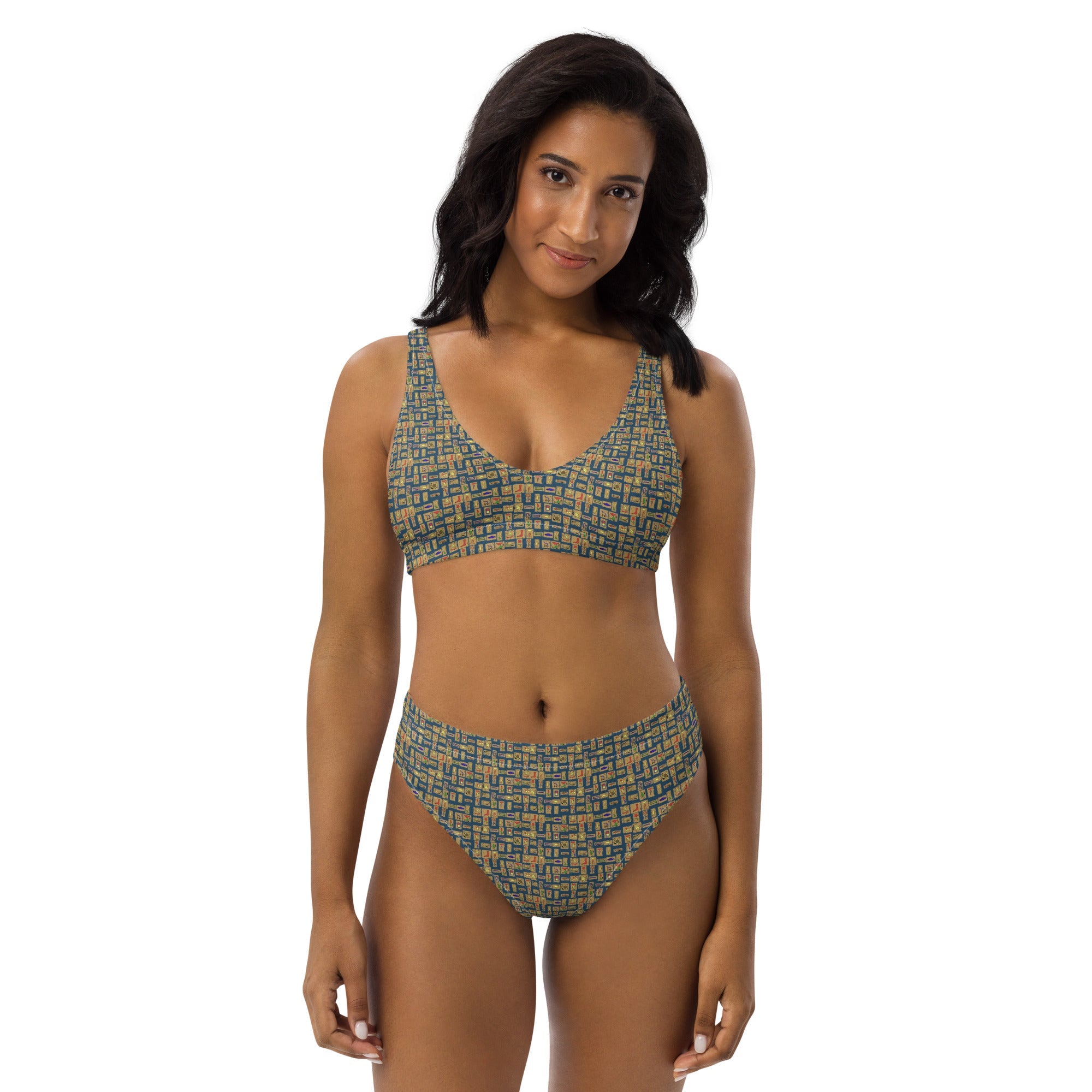 Egyptian Hieroglyphs (Blue) high - waisted bikini (6 Colors Available) - Conscious Apparel Store