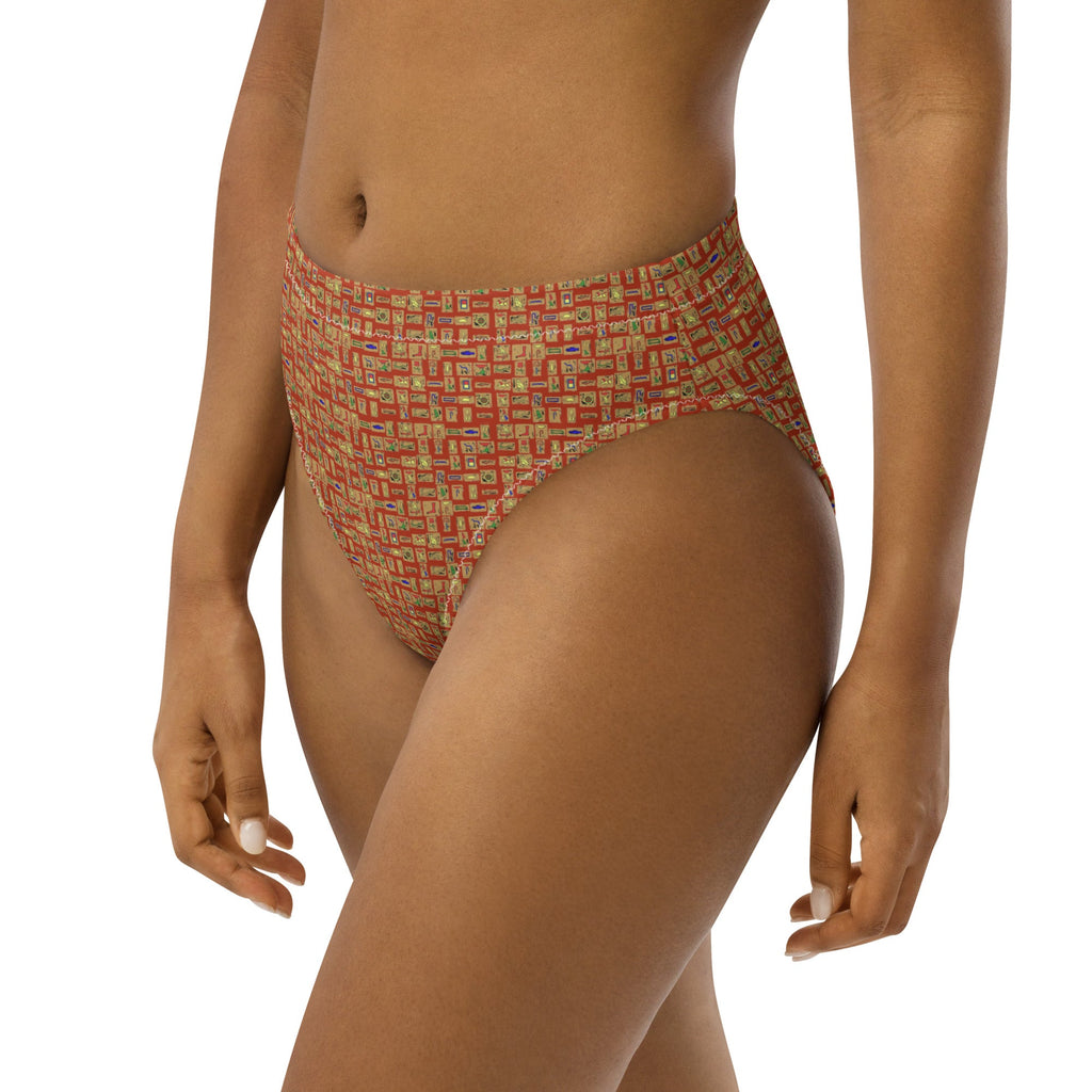 Egyptian Hieroglyphs (Red - Rust) high - waisted bikini bottom (6 Colors Available) - Conscious Apparel Store