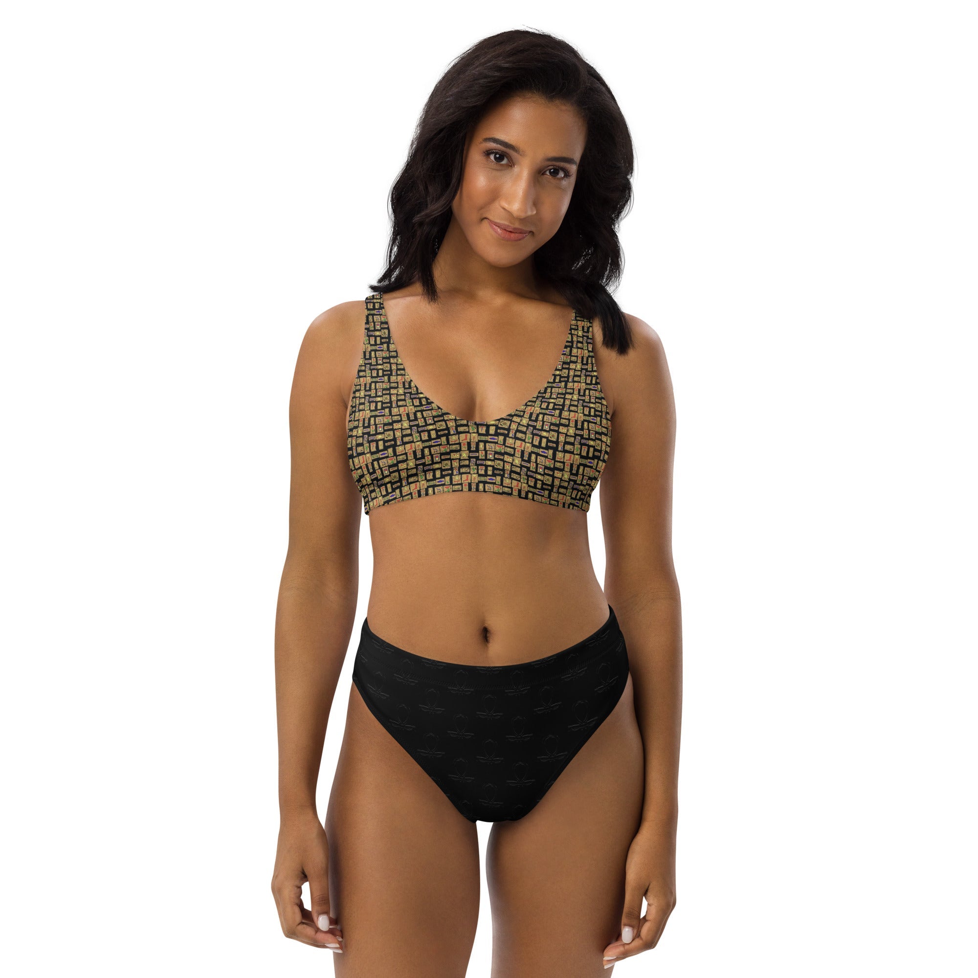 Egyptian Hieroglyphs Subliminal Ankh Cross high-waisted bikini (Black) - Conscious Apparel Store