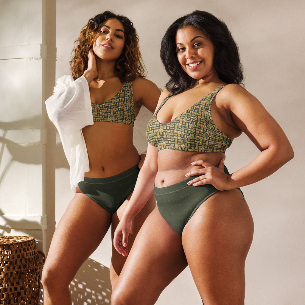 Egyptian Hieroglyphs Subliminal Ankh Cross high - waisted bikini (Olive) (6 Colors Available) - Conscious Apparel Store