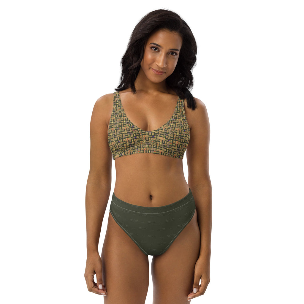 Egyptian Hieroglyphs Subliminal Ankh Cross high - waisted bikini (Olive) (6 Colors Available) - Conscious Apparel Store