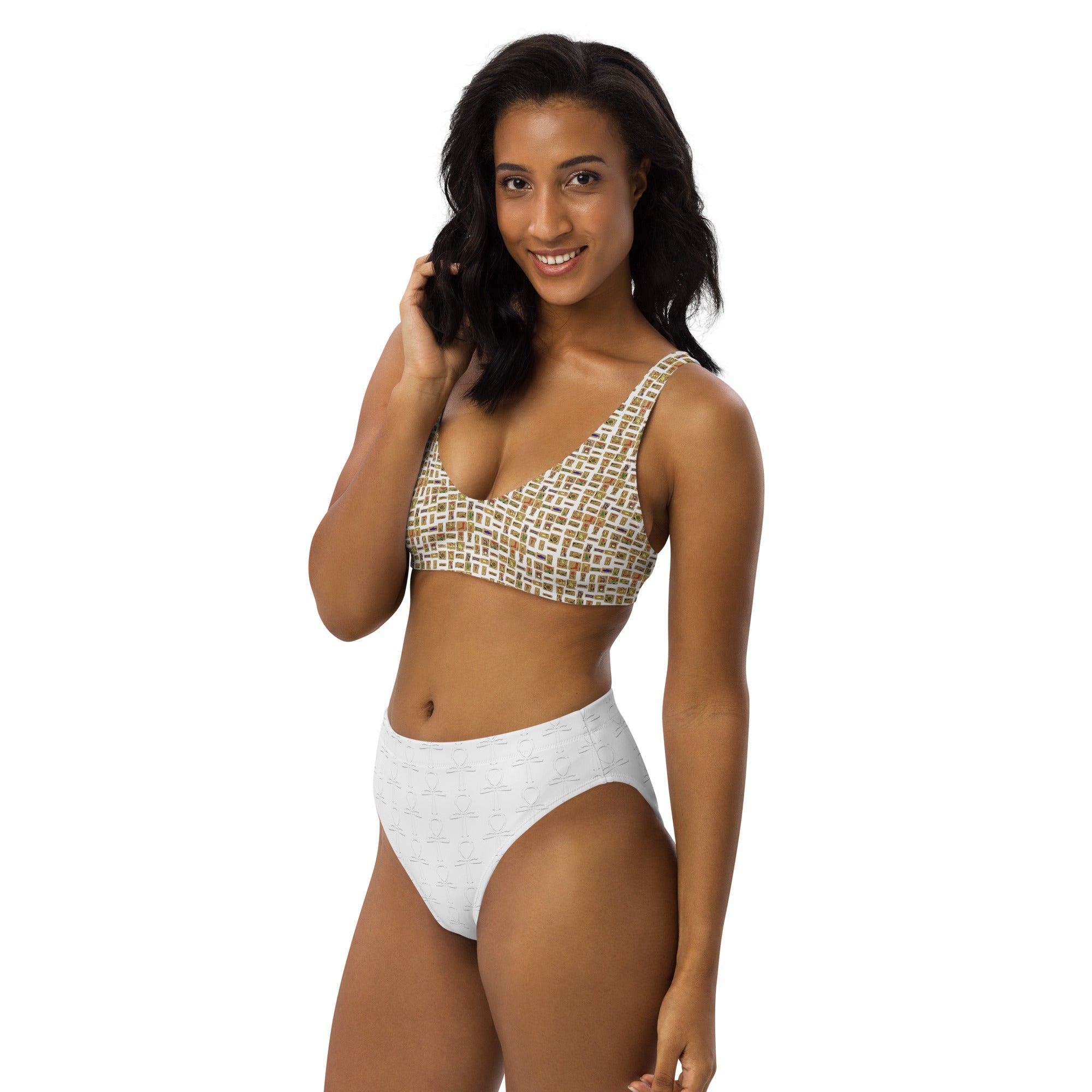 Egyptian Hieroglyphs Subliminal Ankh Cross high - waisted bikini (White)(6 Colors Available) - Conscious Apparel Store