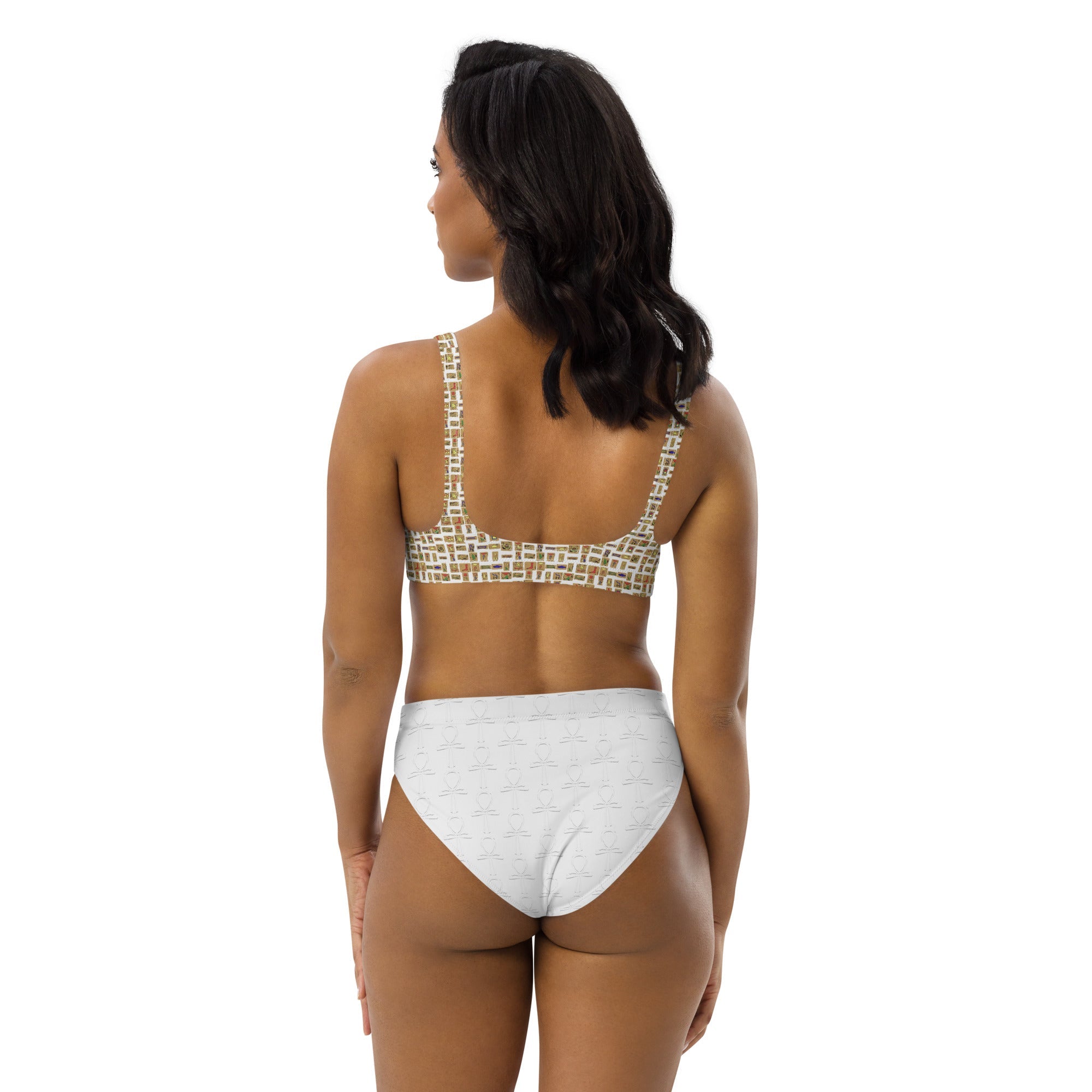 Egyptian Hieroglyphs Subliminal Ankh Cross high - waisted bikini (White)(6 Colors Available) - Conscious Apparel Store