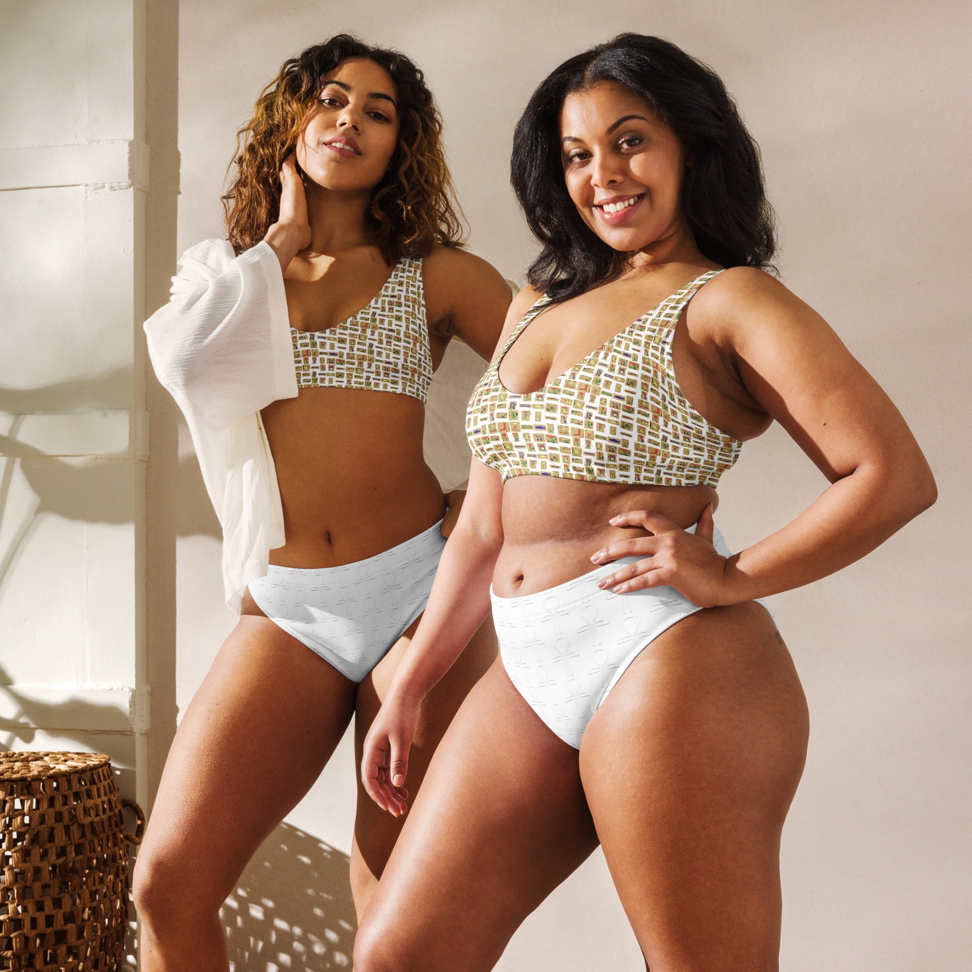 Egyptian Hieroglyphs Subliminal Ankh Cross high - waisted bikini (White)(6 Colors Available) - Conscious Apparel Store